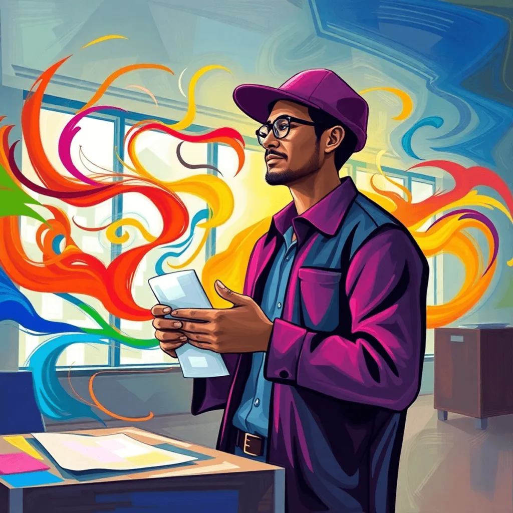 A vibrant abstract depiction of an overseas worker casting his vote for an election, surrounded by swirling colors and shapes that represent a fore...