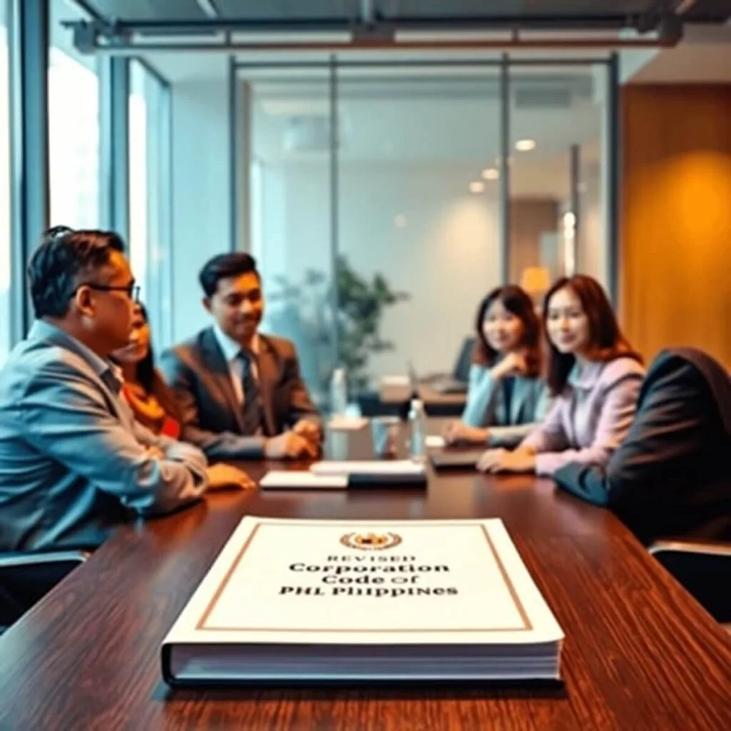 A modern office with business professionals discussing a document titled "Revised Corporation Code of the Philippines," emphasizing collaboration and innovation.