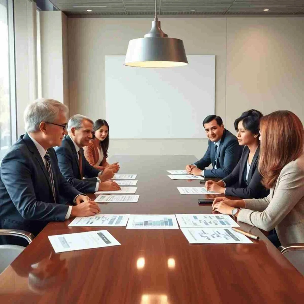 A group of corporate directors in a boardroom engaged in a discussion, with documents and charts on the table, conveying teamwork and responsibility.