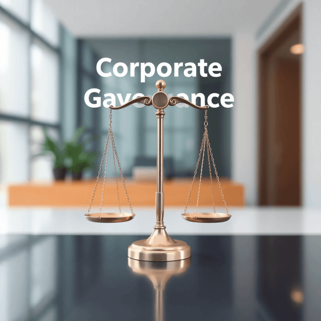 A balance scale symbolizing justice and accountability in a corporate setting, with a modern office building in the background, conveying professio...