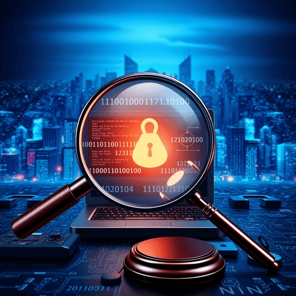 A digital landscape featuring a magnifying glass over computer data, binary code, a gavel, and a city skyline, symbolizing cybercrime investigation...