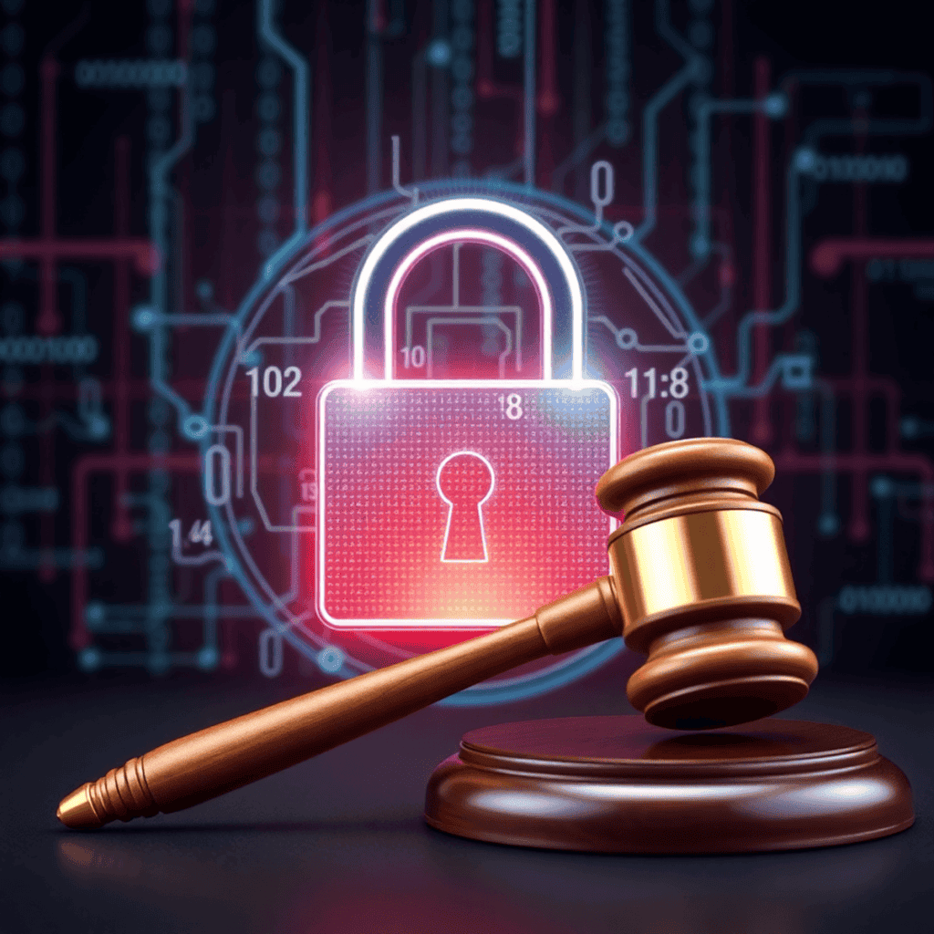A digital lock and gavel against an abstract background of data streams and binary code, symbolizing the intersection of cybersecurity and law enfo...