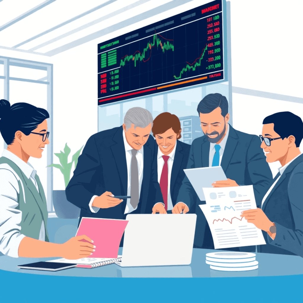 A group of investors collaborating over stock charts and financial reports in a modern office, surrounded by laptops and market tickers, highlighti...