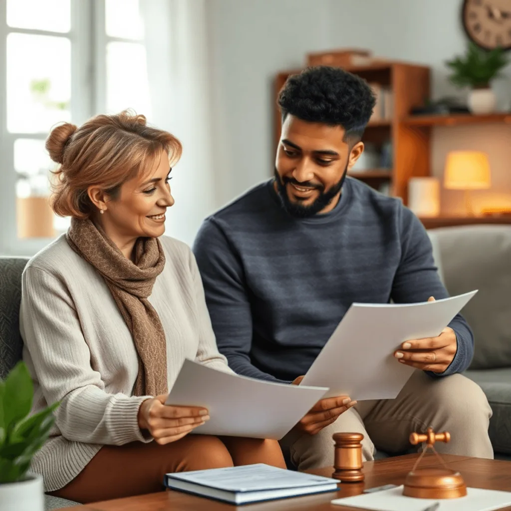 A couple discussing legal documents in a cozy home setting, symbolizing partnership and property relations. The atmosphere is warm and inviting.