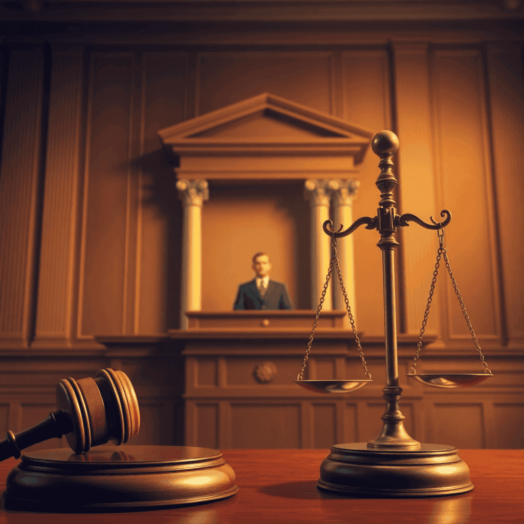 A courtroom scene with a gavel, Senate podium, and scales of justice, showcasing the seriousness of the impeachment trial process in warm, inviting...